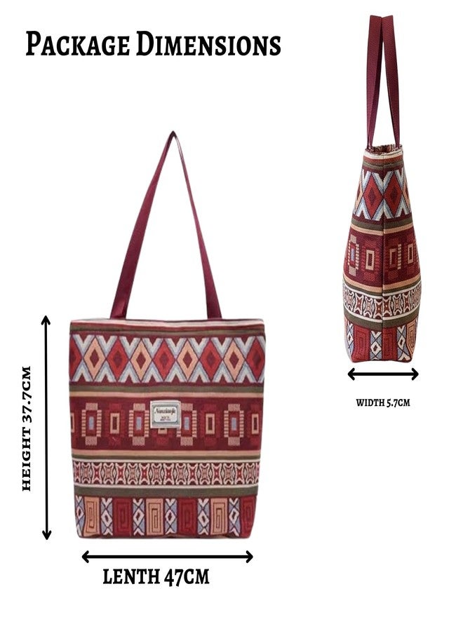 Gowloz Bohemian Chic Canvas Tote Bag - Ethnic Geometric Print, Burgundy Multi-Color, Spacious Shoulder Handbag for Work, Travel & Everyday Use - Image 4